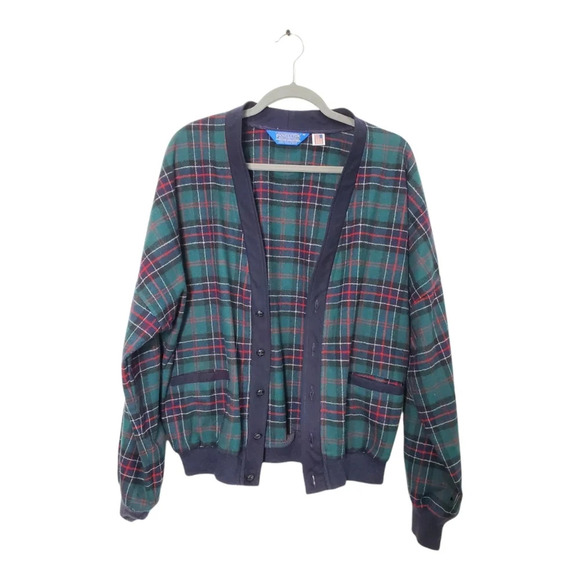 Vintage 80's Pendleton Teal Plaid Gramdpa Cardigan 100% Virgin Wool Sz M - Picture 2 of 11